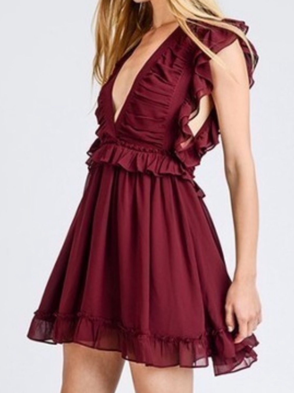 Storia V neck Ruffle Low Cut Sleeveless Mini Dress Back Tie | Burgundy Maroon M